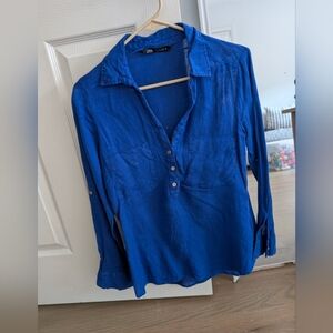Zara Royal Blue Long Sleeve V-Neck Button Front Blouse